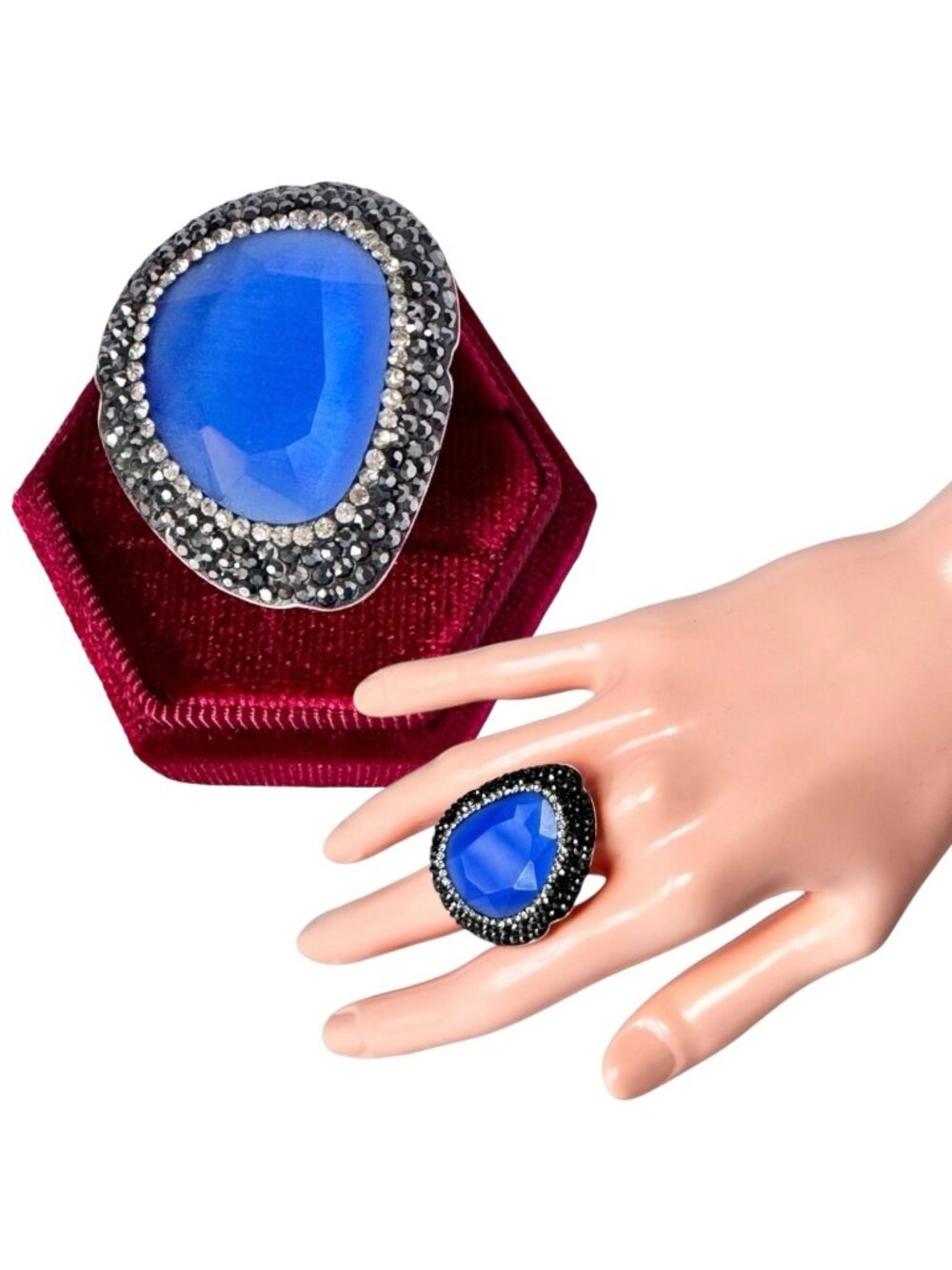 NEW ZSA ZSA Sterling Silver Cocktail Ring Blue Cats Eye Swarovski Adjustable